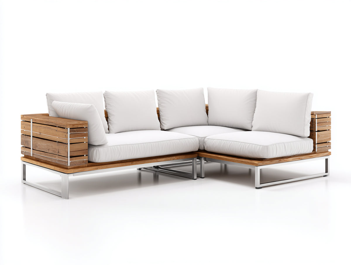 Sofás de exterior esquinero de madera natural y metal plateado 260 x 185 x 70 cm - cojines blancos estilo moderno