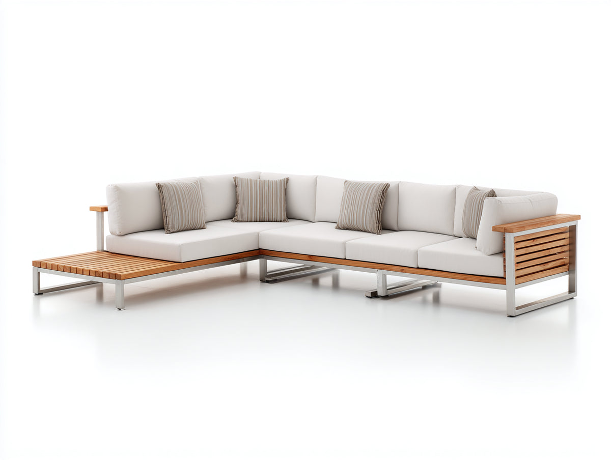 Sofás de exterior modular madera y aluminio 300x220x70 cm - Blanco crema y teca natural - diseño en esquina moderno