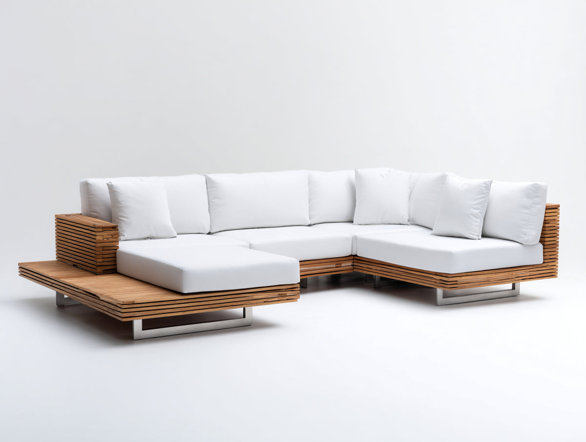 Sofás de exterior madera de acacia 310x240x78 cm - Madera natural y blanco - diseño modular moderno para terraza