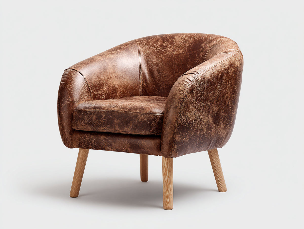 Sillones cuero sintético envejecido y madera 82x78x83 cm - Marrón tabaco y roble natural - diseño envolvente con brazos