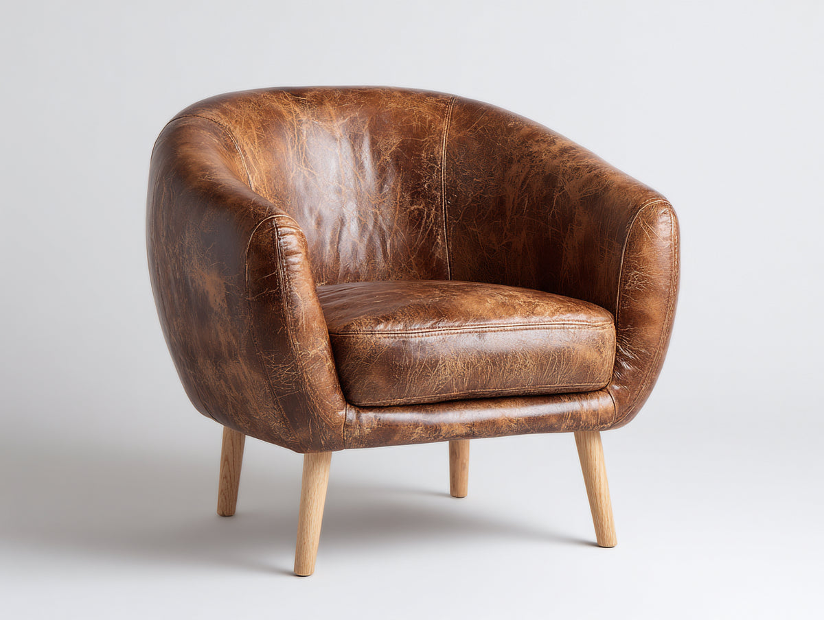 Sillones tapizados en piel sintética marrón envejecido 82x78x76 cm - patas de madera natural - diseño redondeado para salón