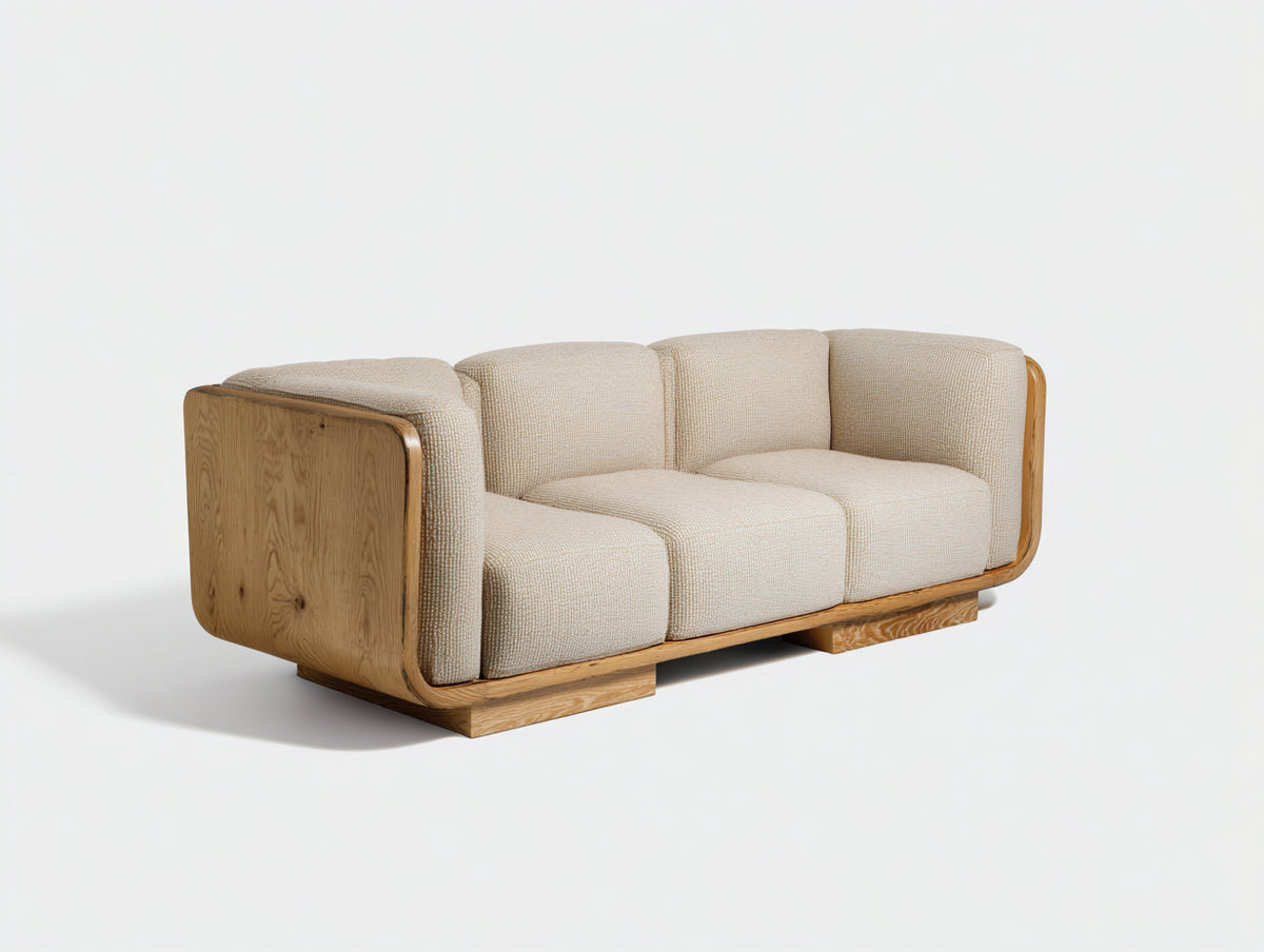 Sofás lineales tejido texturizado y madera 220x88x74 cm - Beige y madera natural - diseño moderno para salón