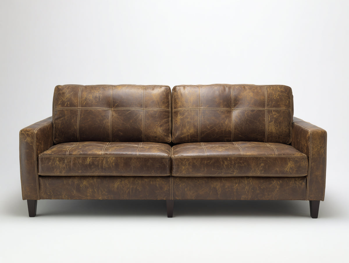 Sofás lineales tapizados en piel sintética marrón envejecido 220x88x82 cm - patas negras - diseño vintage para salón