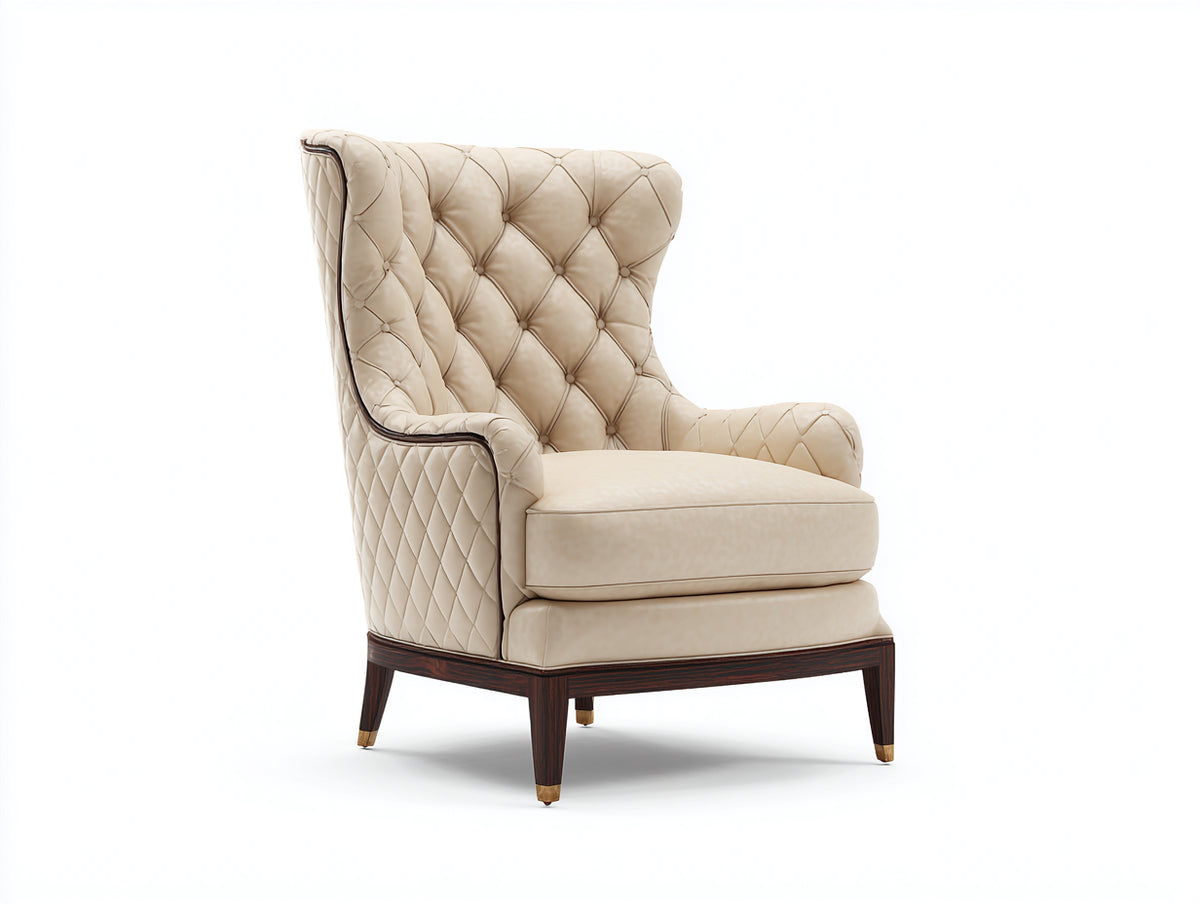 Sillones orejero tapizado en polipiel beige con patas de madera 88 x 86 x 110 cm - estilo clásico capitoné