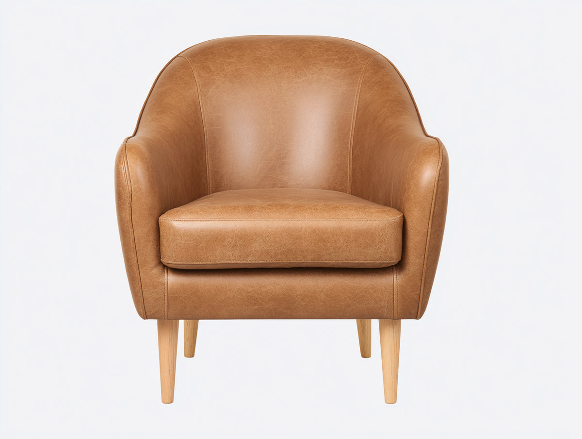 Sillones tapizados en piel sintética marrón claro 77x74x82 cm - patas de madera natural - diseño curvo para salón