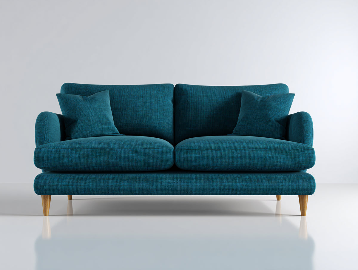 Sofás lineales tapizados en tela azul petróleo 210x88x82 cm - patas de madera natural - diseño moderno para salón