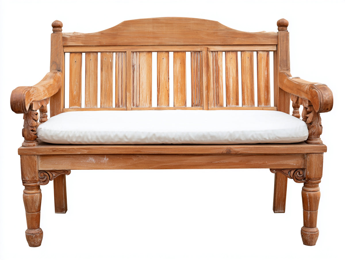 Bancos de jardín de madera natural con cojín blanco 140 x 60 x 96 cm - estilo clásico con reposabrazos
