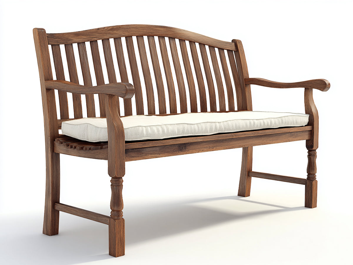 Bancos de jardín de madera marrón con cojín crema 150 x 60 x 90 cm - respaldo de lamas y reposabrazos