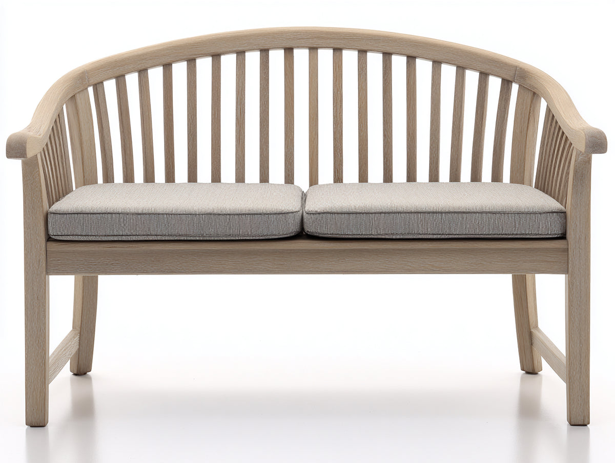 Bancos de jardín madera y cojines 150x62x90 cm - Roble claro y beige - diseño clásico con respaldo curvo