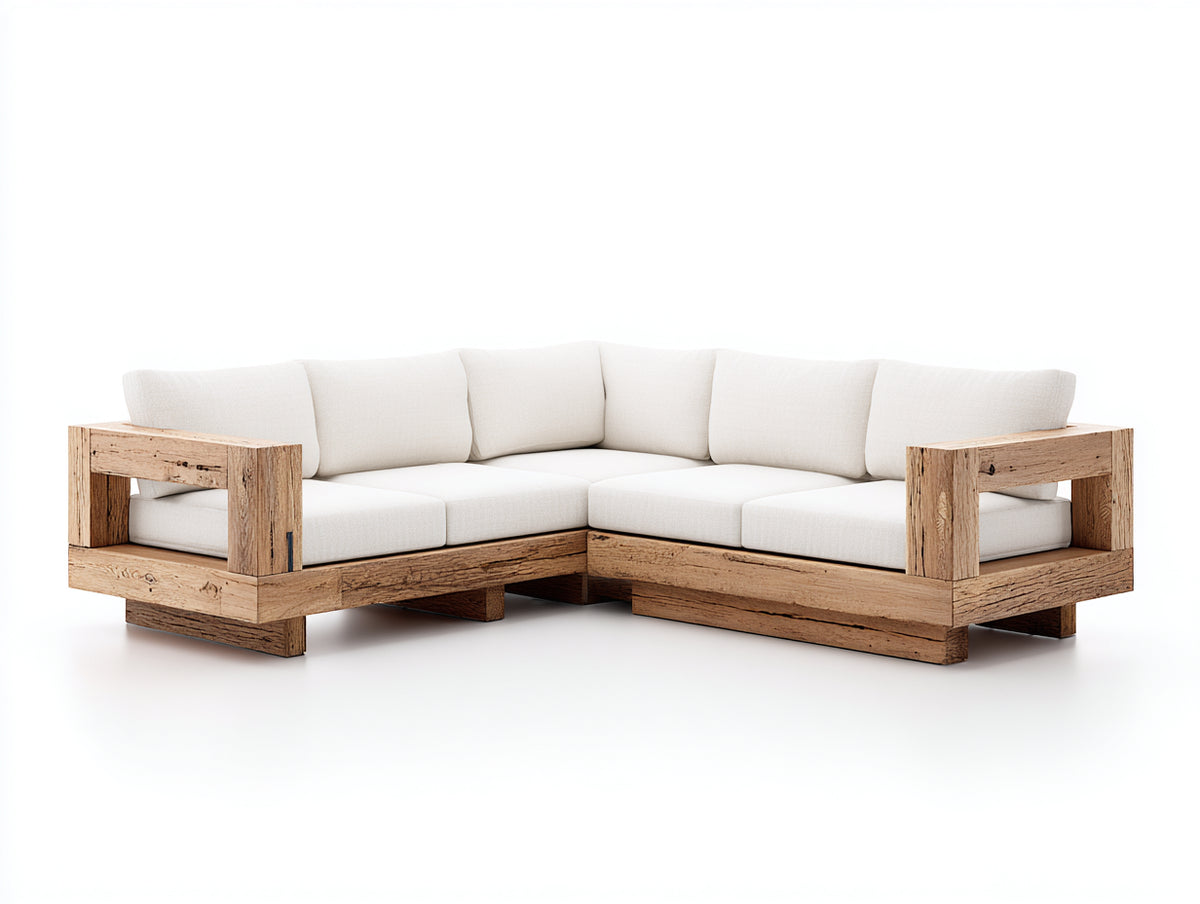 Sofás de exterior de esquina en madera natural 280x280x75 cm - tapizado beige - diseño moderno para terraza