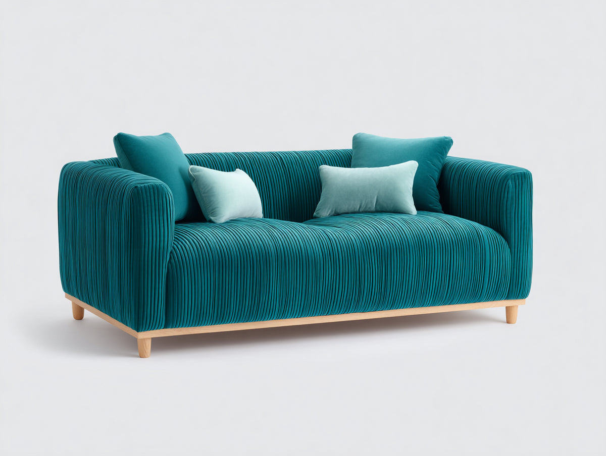 Sofás lineales tapizado en tela acanalada turquesa con patas de madera natural 220 x 90 x 75 cm - estilo moderno