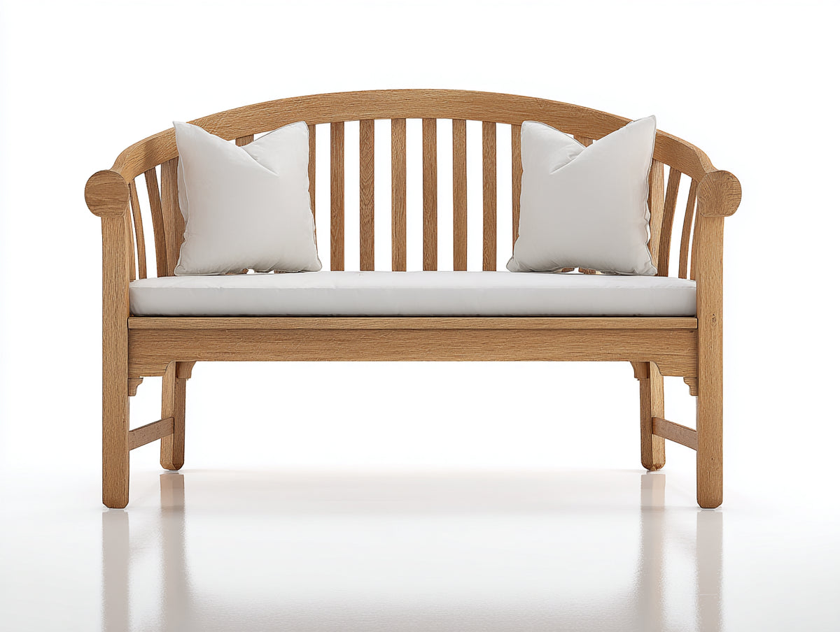 Bancos de jardín de madera natural con cojín blanco 150 x 62 x 88 cm - respaldo curvo y reposabrazos